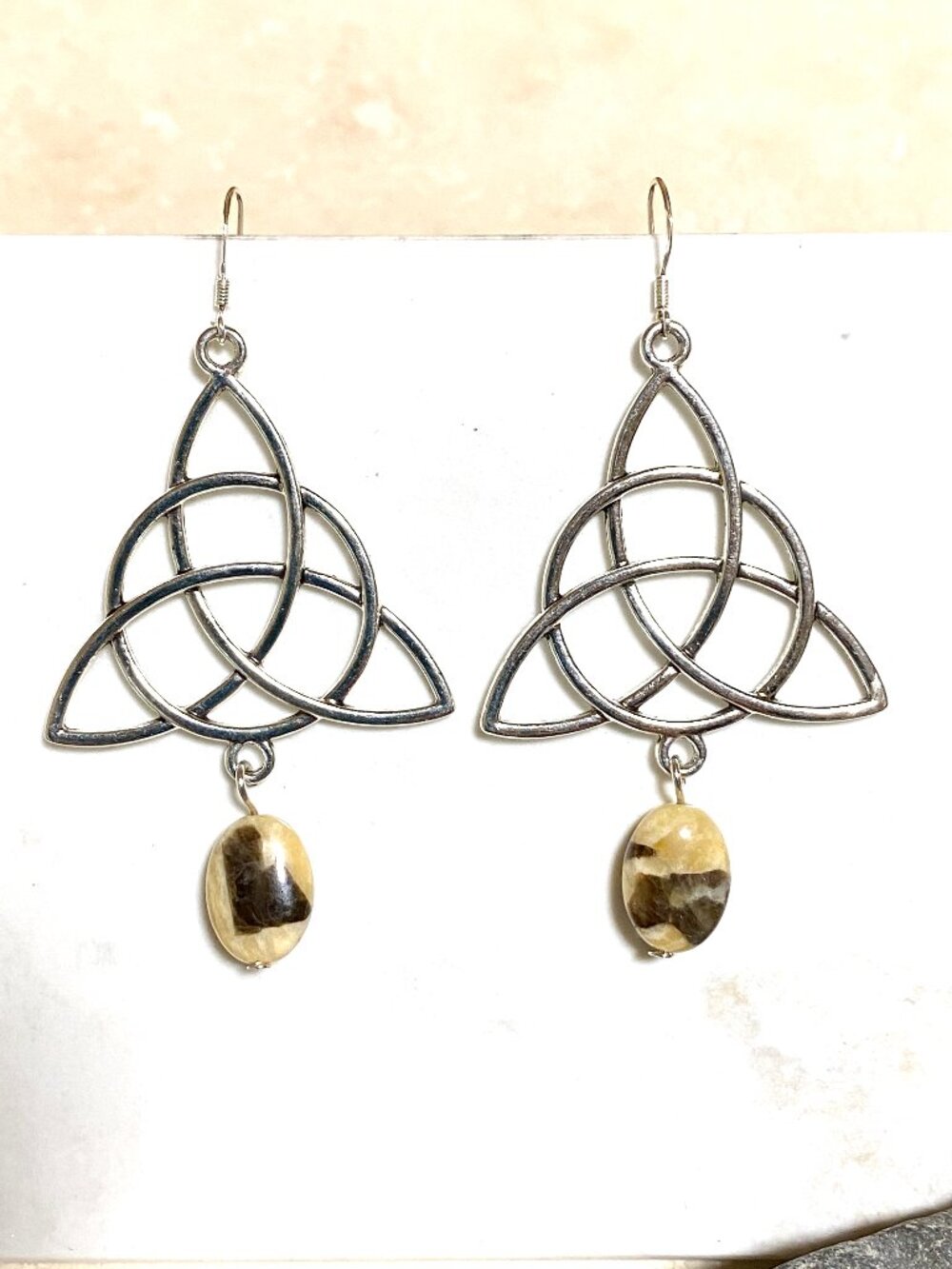2/$20, Septarian Stone Celtic Trinity Earrings, Gemstone & Sterling Silver Hook